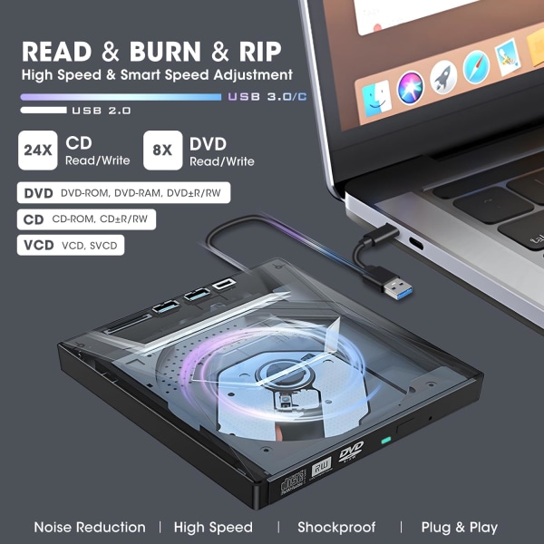 Ekstern CD DVD-drev, 6 i 1 CD/DVD-ROM brænder med USB 3.0/2.0/ USB-C/SD-kortlæser, bærbar CD/DVD ROM +/-RW