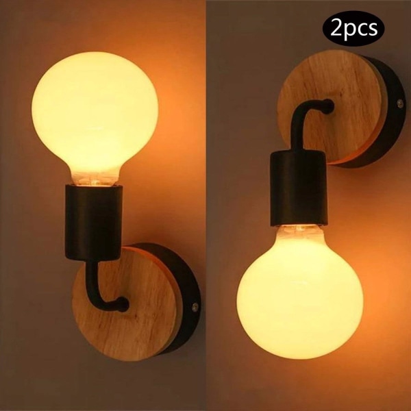 2 Pakker E27 Moderne Vegglampe i Tre og Smijern (Uten