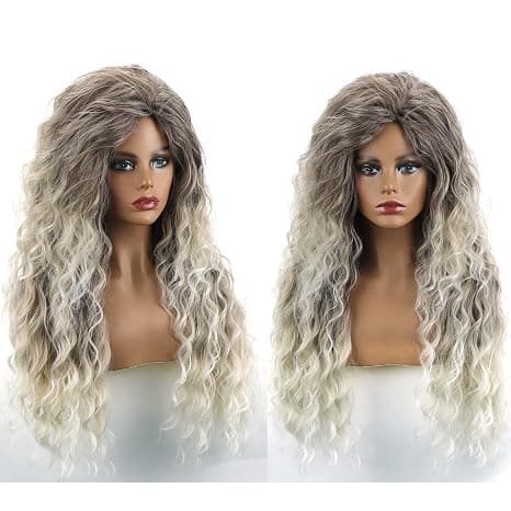 Lång lockig vågig peruk gråblond kvinnlig blandad blond lockig peruk