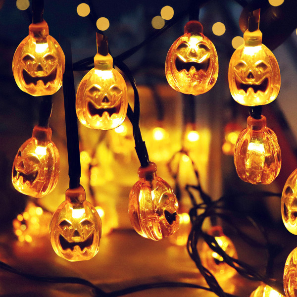 Halloween-dekorasjon, 2m+10 stk LED batteridrevet oransje gresskar