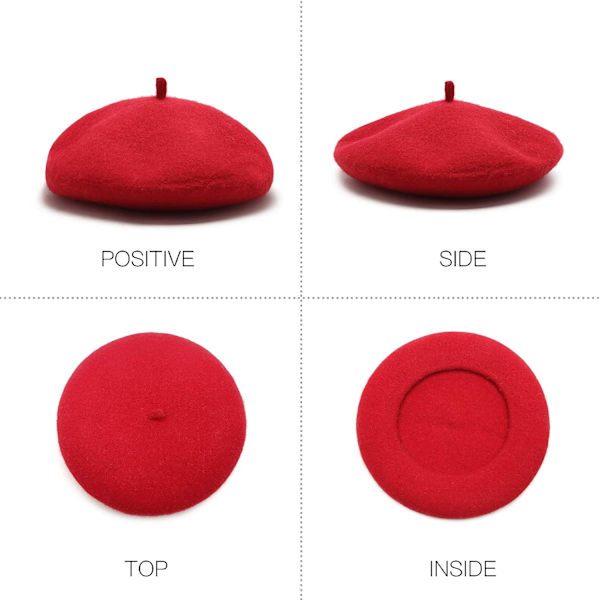 Dame Ullfransk Beret Beanie Vinterhatt Floppy Cap - Rød