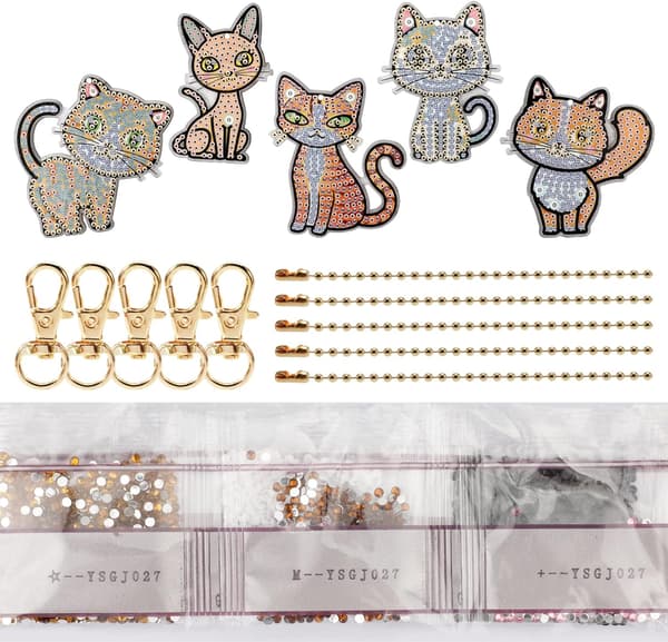 5 Styk Kat Nøglering Diamantmaleri, 5D Diamant Kunstmaleri DXGHC