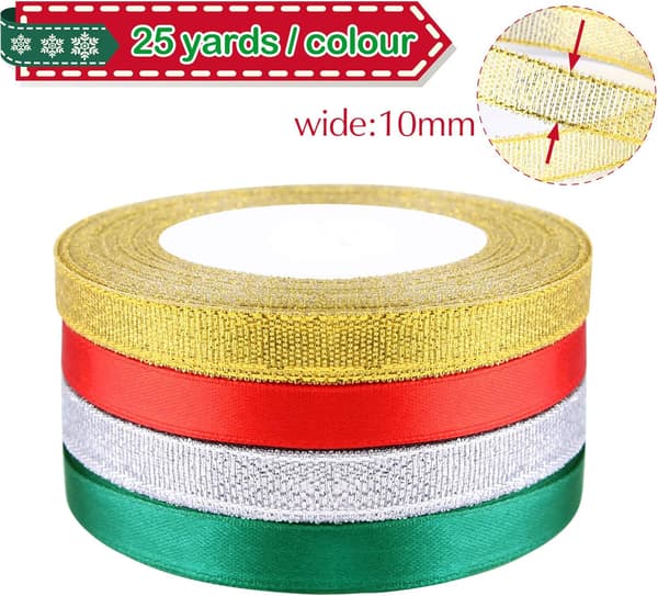 4 st 10mm (Röd/Grön/Guld/Silver) Satängband Silver Guld Glitter