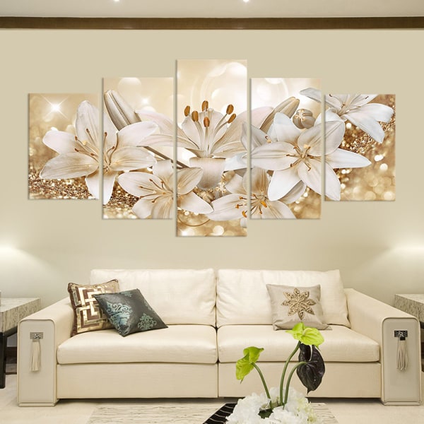 （Gyllene）5 Paneler Kärleksblommor Canvas Väggkärnmålning