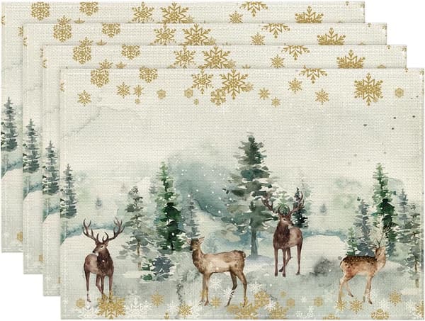 Julbordsplaceringsunderlägg, 4-pack, med gran, älg och snöflingor