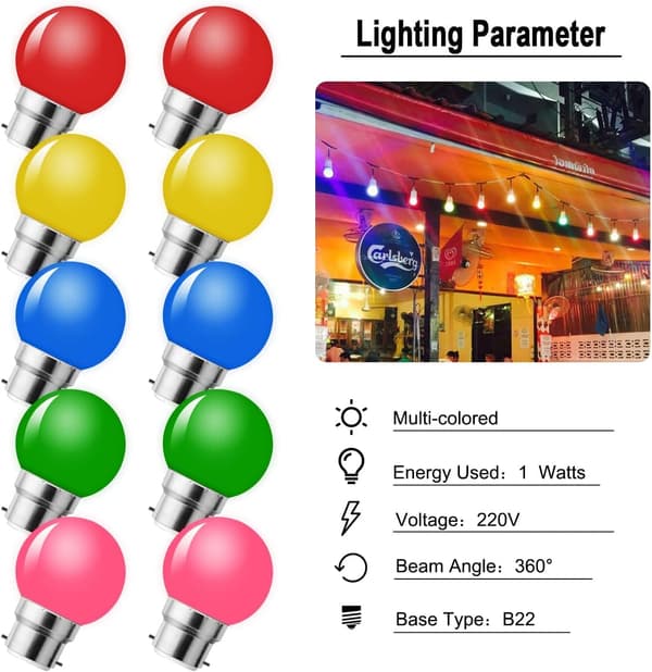 B22 LED-polttimo, 1W värillinen polttimo, B22 värillinen valo