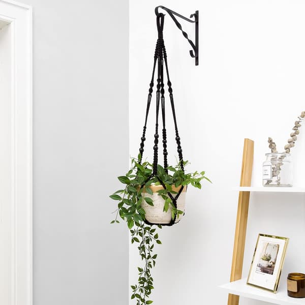 Macrame Växthängare Inomhus Hängande Planterkorg med Träpärla
