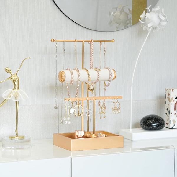 Elegant 3-lags T-formet antikvitetsbronze smykkedisplaystativ til halskæder, armbånd og ure (i guld)