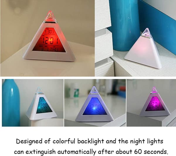 Pyramideformet vækkeur med LED-baggrundsbelysning og digitalt ur