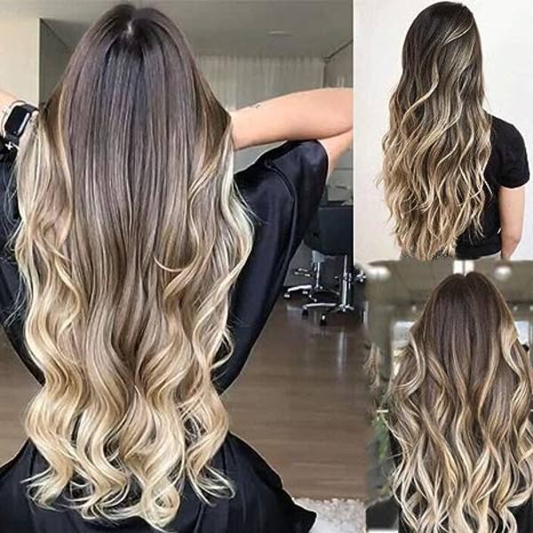 Lang blond parykk for kvinner med pannelugg, gulbrun til blond