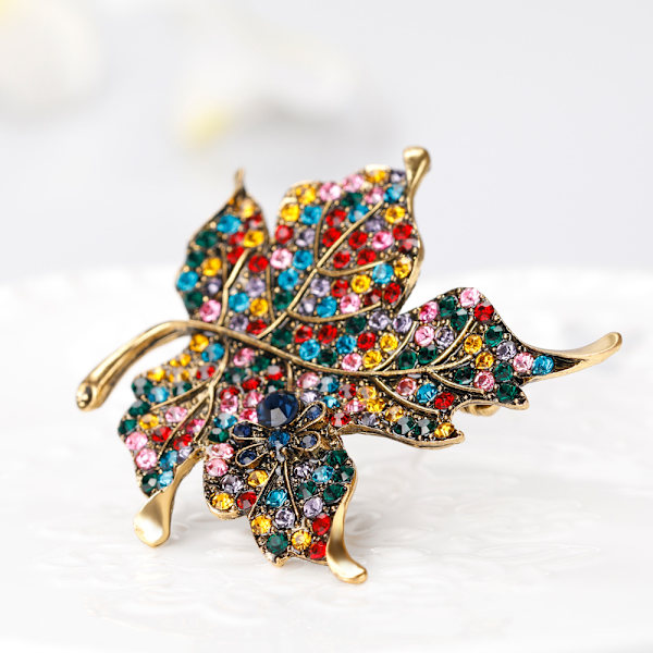 1 Söt Retro Smycke Färgad Diamant Löv Brosch Mode
