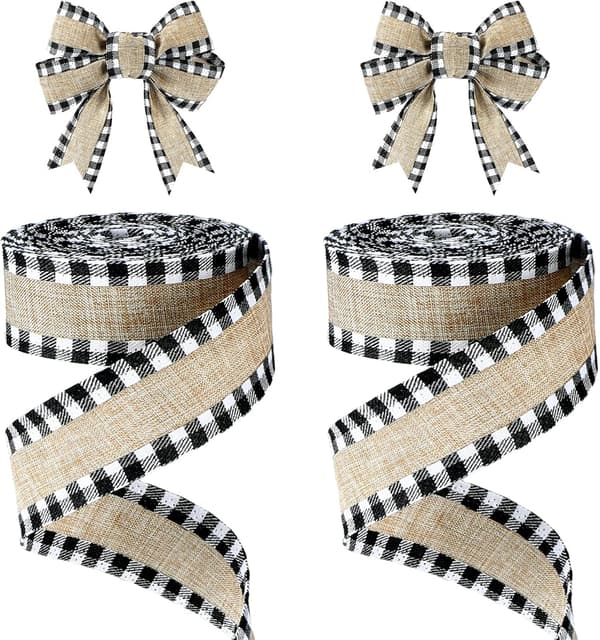 2 Ruller Juleribbon med Svart-Hvit Buffalo Plaid og Trådkanter