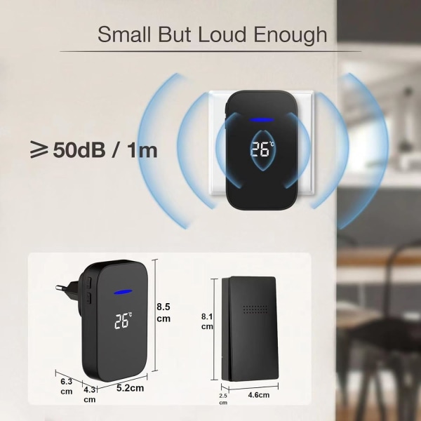 Trådlös Dörrklocka, Självförsörjande Trådlös Dörrklocka för Hem Klassrum Plug-in Dörrklocka med Termometer