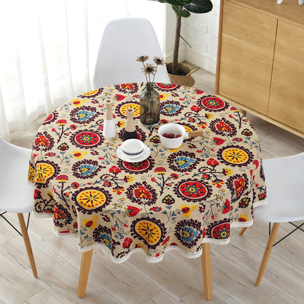 Boho Rund Bordduk med Blomstermønster, Vaskbar Borddekke
