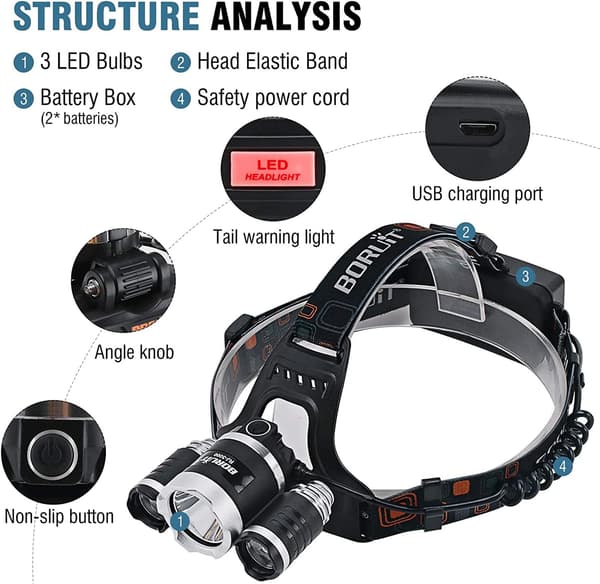 Ladesbar LED-hodelykt 5000 Lumen Super Lys med 4 Beste M