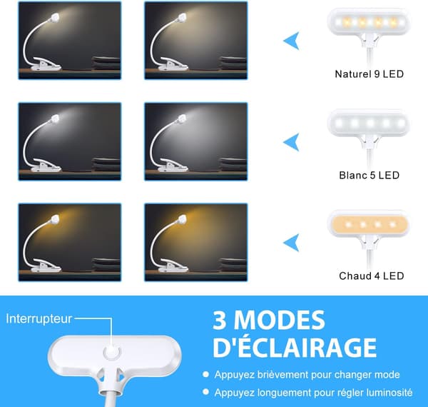 Leselys, 9 LED Leselampe med 3 Fargetemperaturer