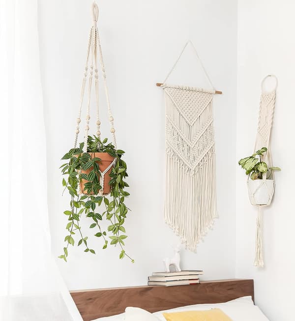 Macrame Växthängare Inomhus Hängande Planterkorg med Träpärla