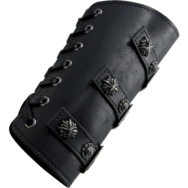 Medeltida Armskydd i PU-Läder med Spänne, Riddare Retro Renässans Armskydd, One Size Ett Par (Svart)