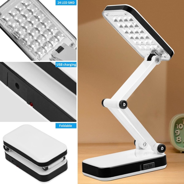 Foldbar LED skrivebordslampe, hvit bordlampe, oppladbar nattbordslampe