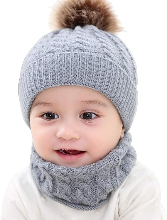 2 stk. Strikket lue og skjerf til småbarn, vintervarm beanie med pompom
