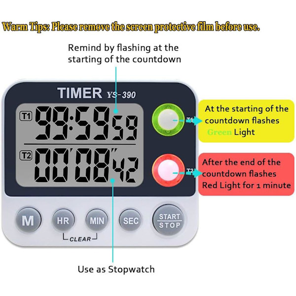 2 Kanals Køkken Timer, Justerbar Buzzer Volumen, Koge Timer