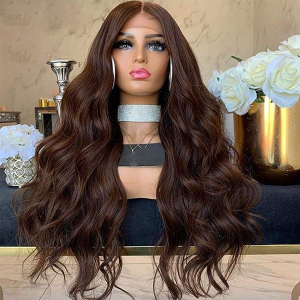 Kvinnors peruk brun halvdelad peruk stor våg långt hår lockigt hår c
