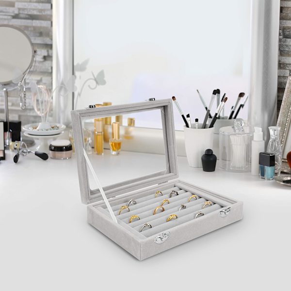 Grå Fløjl Glas Ring Organiser, 7 Sektioner - Etui til Ringe, Cu