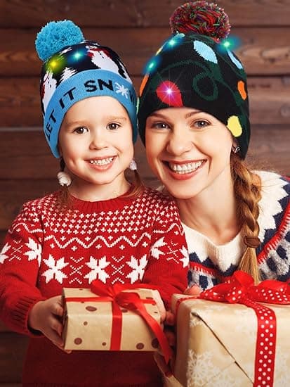 2 Stykker Jule LED Lysende Beanie Hat Ugly Sweater Strikket Hat