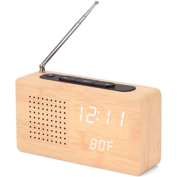 Digital klockradio, FM-klocka i trä med röststyrning och auto-