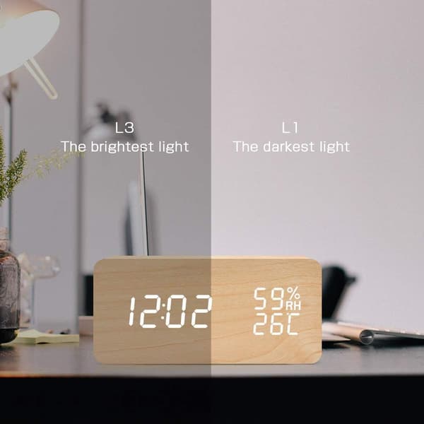 LED Digital Väckarklocka Luftfuktighet Datum Temperatur Trälook Dekor