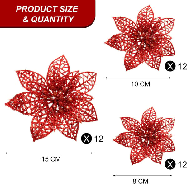 36 Stykker Røde Julerøde Glitter Poinsettia Kunstige Bryllupsblomster