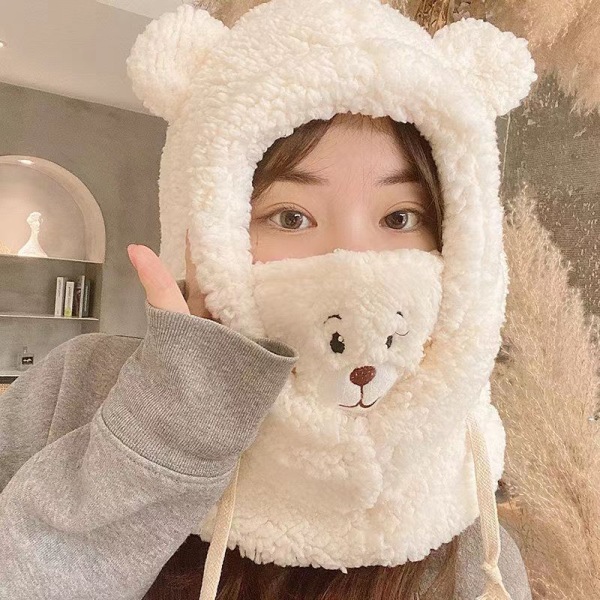 Women's Cute Bear Ear Mask One-Piece Hat Winter Cycling Warm Wind