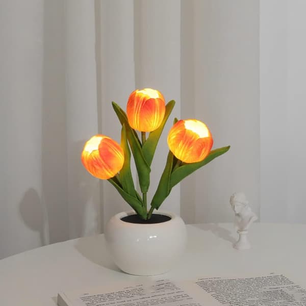 LED-bordlampor, LED-simulerad tulpan nattlampa med vas, bord