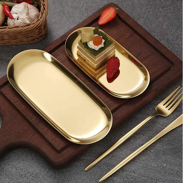 Guld Bakke Oval Bakke Rustfrit Stål Metal Opbevaringsbakke til Snacks