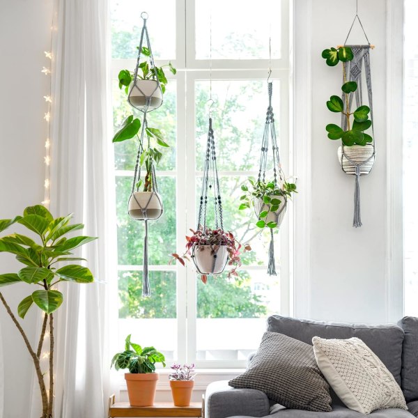 Macrame Växthängare Inomhus Hängande Planterkorg med Träpärla