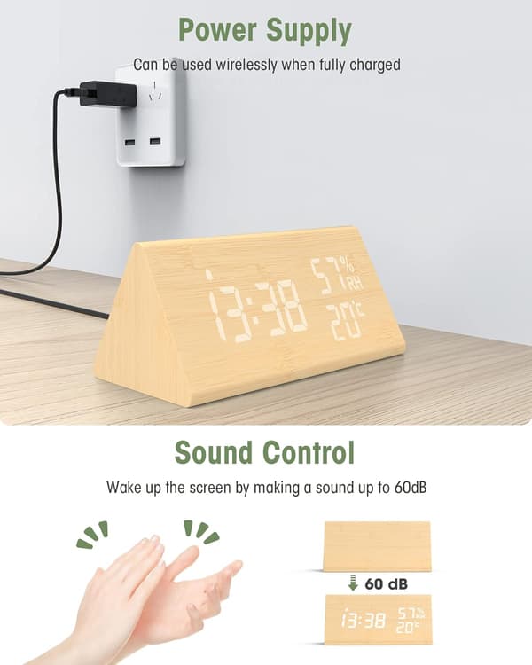 Trä Digital Väckarklocka, Digital Klocka med Snooze/Datum/Temperatur