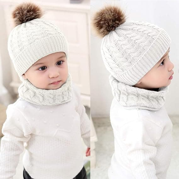 2 stk. Strikket lue og skjerf til småbarn, vintervarm beanie med pompom