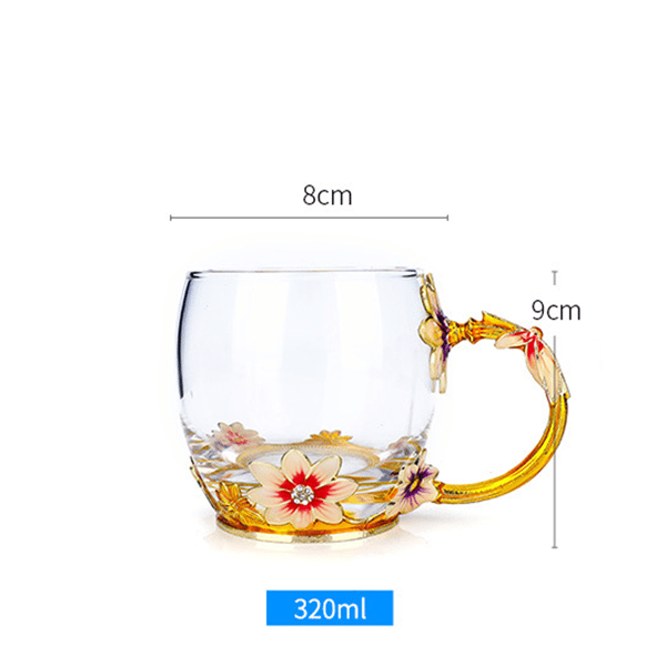 Emaljerade Fjärilsblommiga Koppar i Blyfritt Glas för Kaffe och Te