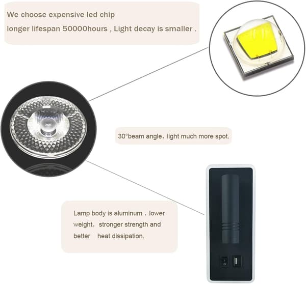 LED Vegglampe, 9W, Sengelampe med USB-lading