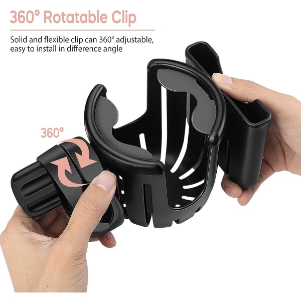 Barnevognkoppholder, 2 i 1 telefonholder, 360 graders roterende kopp