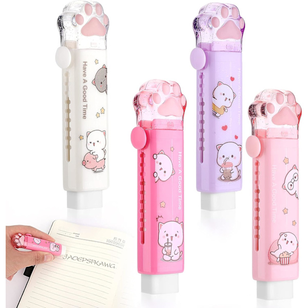 4 Pak Kattepote Tilbagetrækkende Viskelæder til Børn Kawaii Blyant Stil Vis