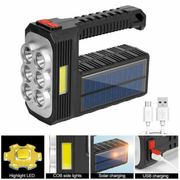 Sterk lommelykt med solcellelading og USB-lading, superlys