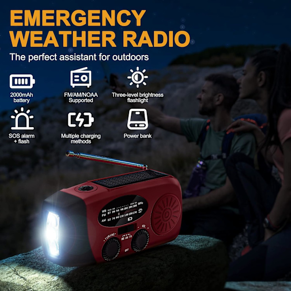 Bærbar Solradio Værradio Nødradio 2000mAh Håndsveiv R