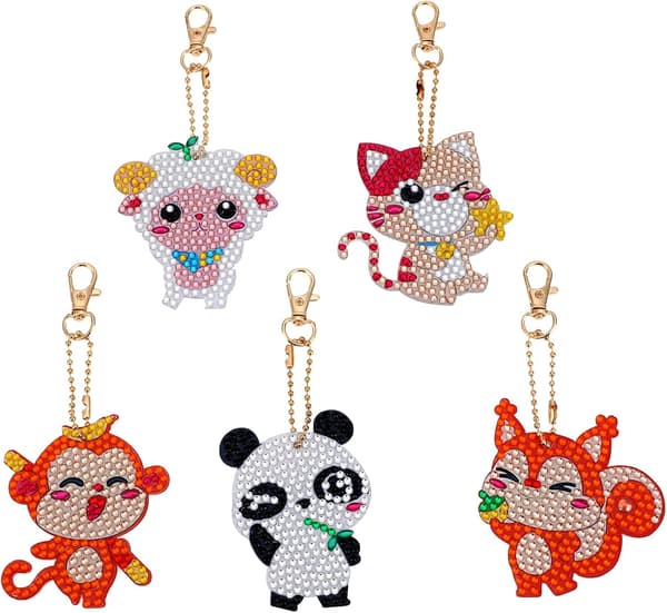 5 Stykker 5D Diamantmaleri Nøgleringe, Panda Abe Får Squ DXGHC