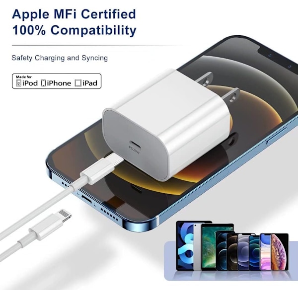 Hurtig oplader til iPhone 27W vægoplader med USB C til Lightning kabel 1,8 meter, Type C opladningsblok strøm