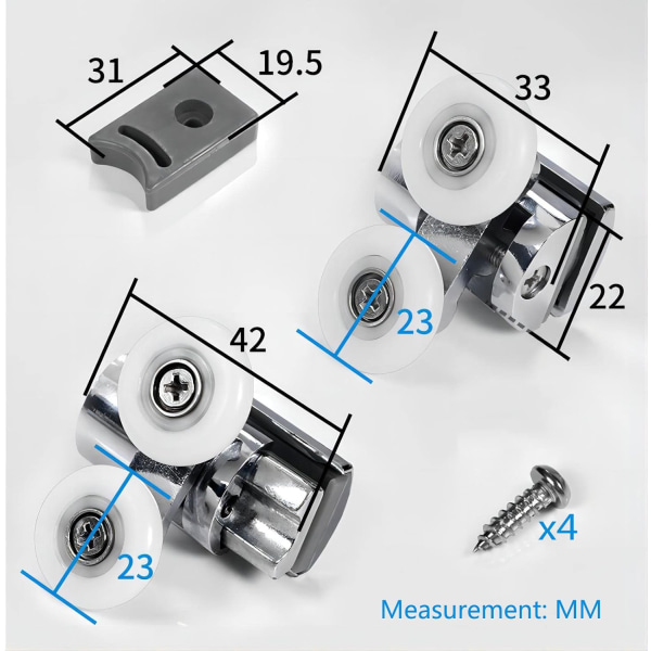 4 stk. Brusedørruller, 23 mm Skydedørruller, Udskiftningsruller til Brusedøre, 2xDobbelt Twin Top/Bund