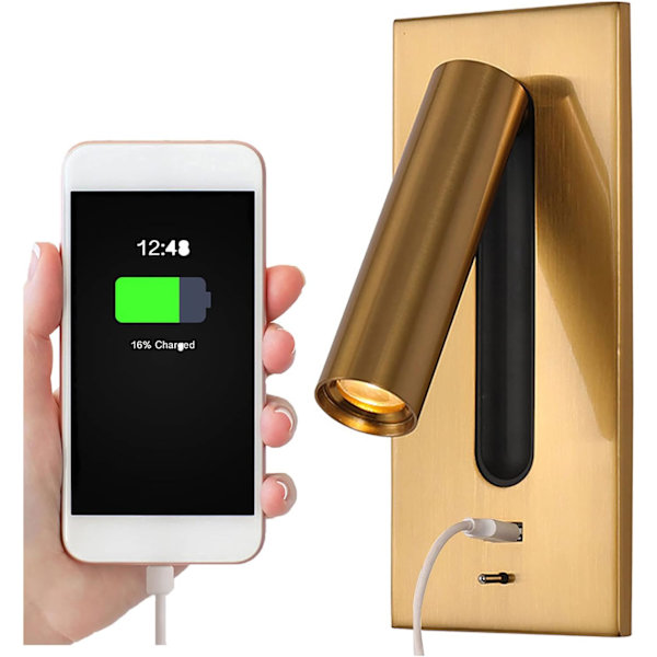 Läslampa LED Sänggavellampa Dold Strömbrytare Sängbordlampa, USB