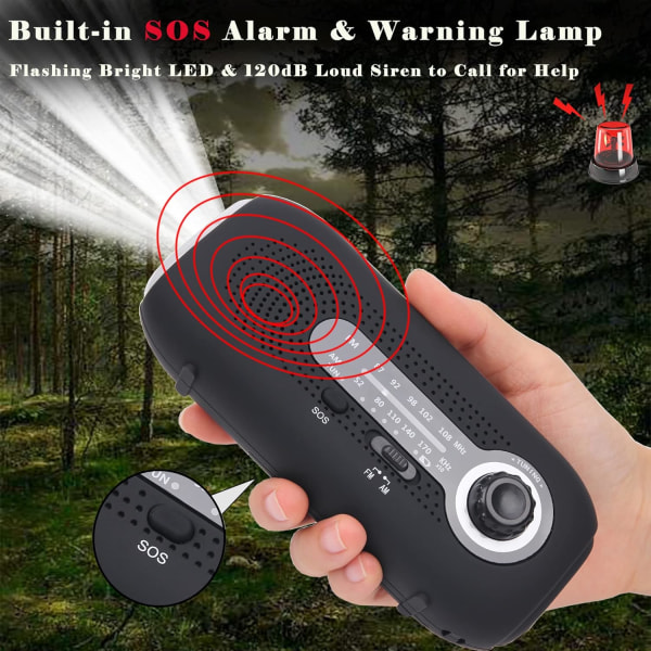 （Svart）Veva Radio, Solpanel Handvev Bärbar Nöd AM/FM W