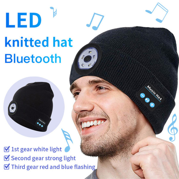 Bluetooth Beanie Hat med Lommelykt, LED Lysende Beanie Musikkhatt, Beanie