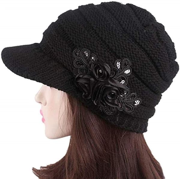 Dames Vinterhue Blomst Dekoration Hæklet Strik Beanie Visor